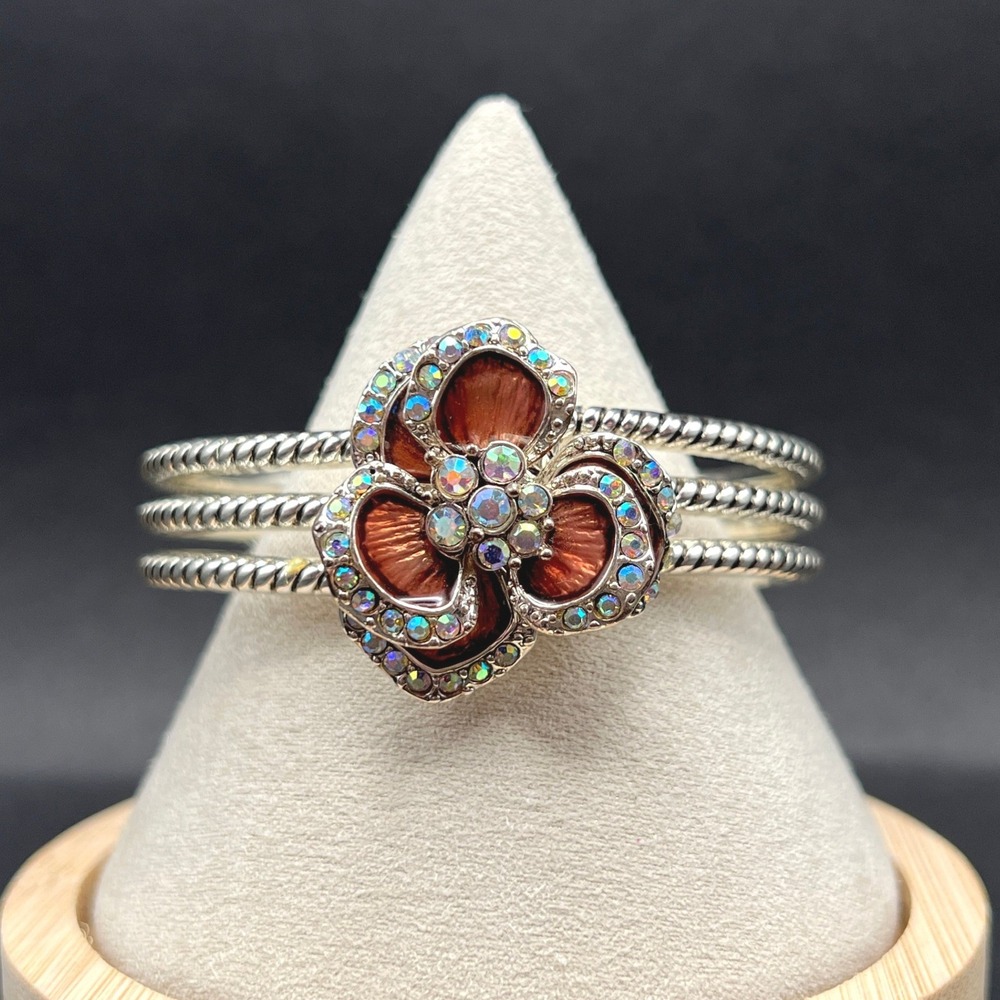 Rhinestone Enamel Flower Bracelet Silver Tone Iridescent Hinged Cuff